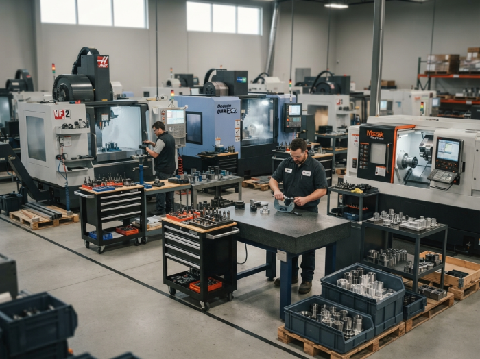 CNC machine shop floor with multi-axis machining centers in operation