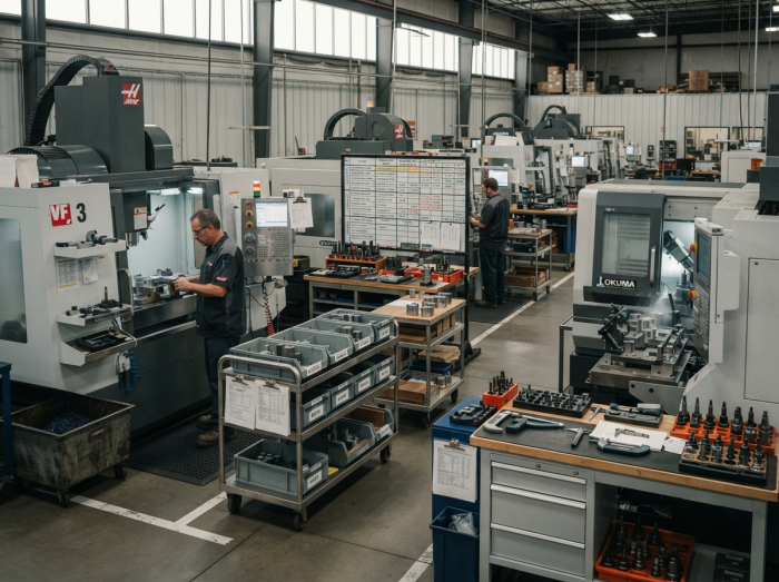 High-mix low-volume manufacturing floor with varied job setups