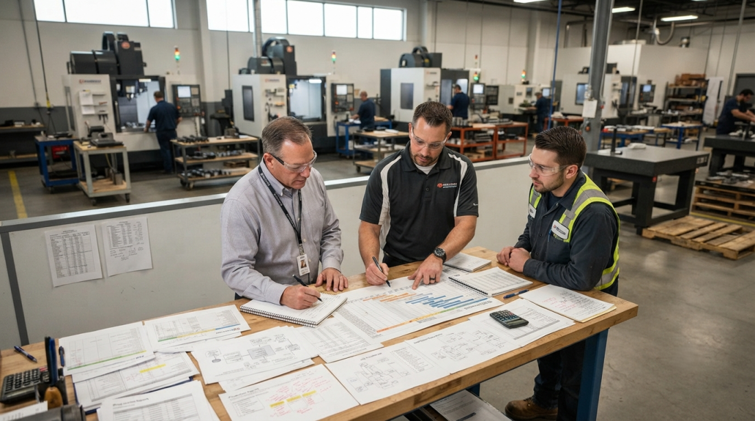 Operational workflow review session with a production schedule and flow diagram on screen