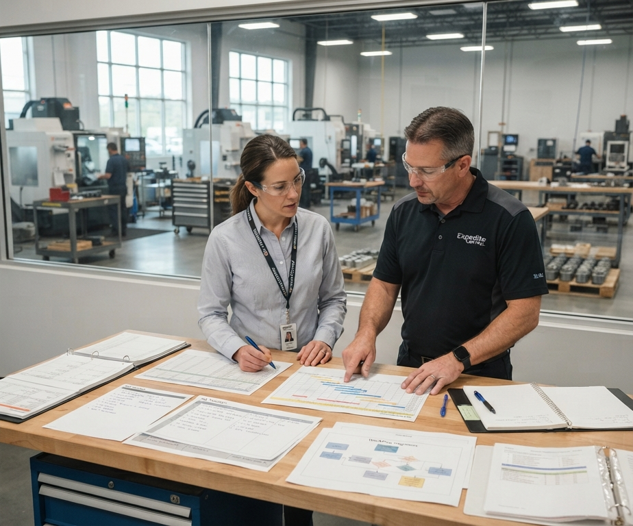 KeshRaghTech consultants reviewing CNC production workflow on the shop floor