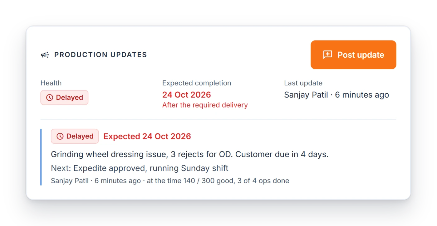 Shift notes on a job: written status, expected finish and next step (example built for a sample shop)