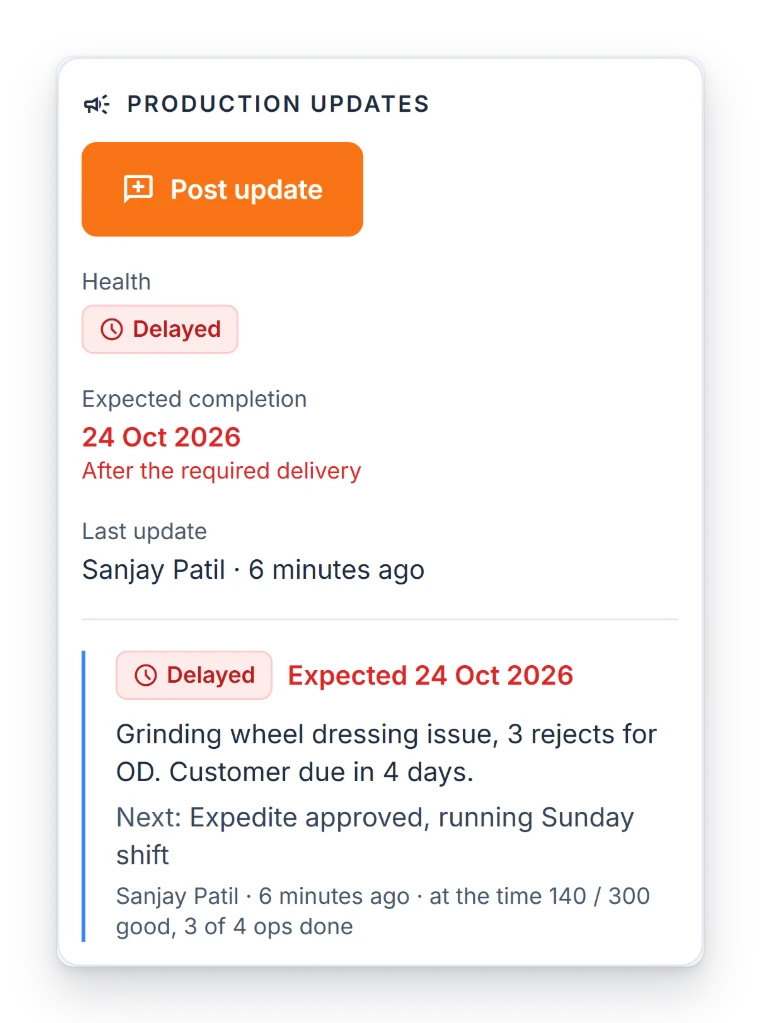 Shift notes on a job: written status, expected finish and next step (example built for a sample shop)