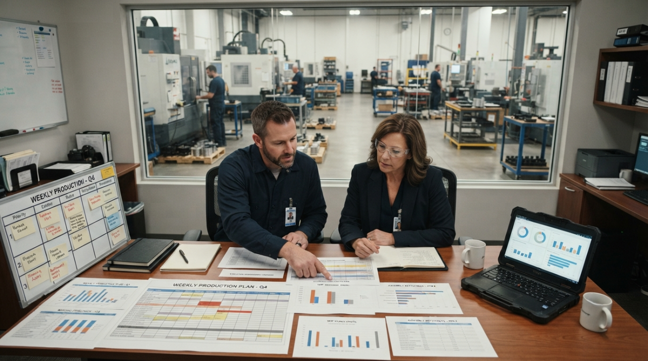 Operations team reviewing production workflow and scheduling on a CNC shop floor