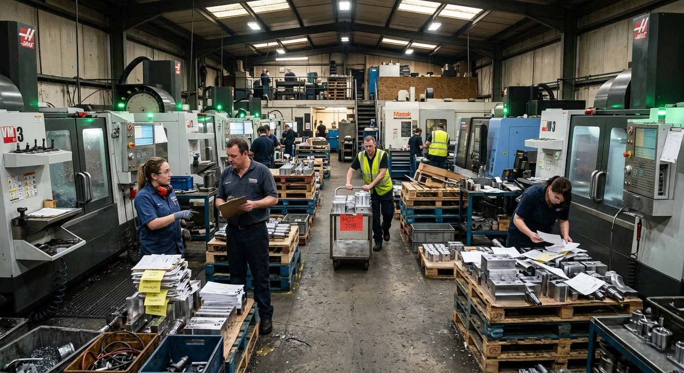 Busy CNC job shop with running machines, stacked semi-finished parts, operators managing changing priorities, and visible workflow congestion across the production floor.