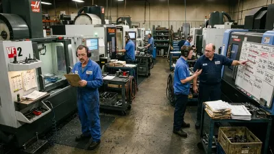 A busy CNC machine shop floor with operators checking schedules, machines running unevenly, and a stressed supervisor managing changing production priorities while workflow confusion spreads across the shop.