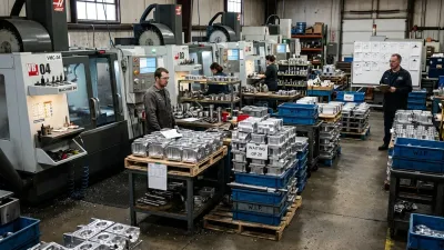 A realistic CNC manufacturing shop with semi-finished metal parts piling up between machines and workstations while operators stay busy, showing growing work-in-progress and poor production flow control.