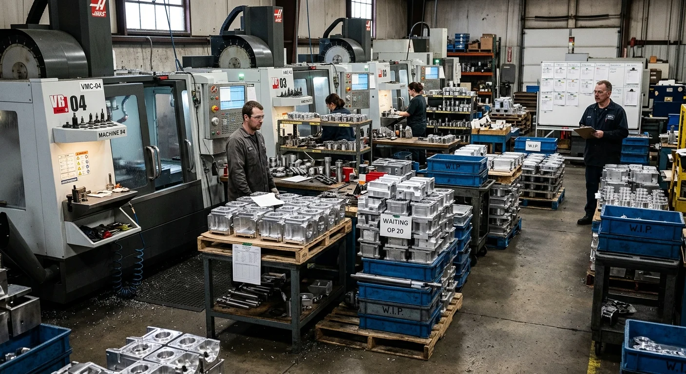 A realistic CNC manufacturing shop with semi-finished metal parts piling up between machines and workstations while operators stay busy, showing growing work-in-progress and poor production flow control.