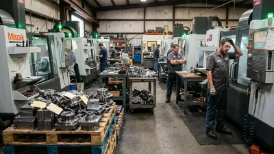 CNC shop floor with multiple machines running and green lights on, but large piles of semi-finished parts, waiting jobs, and operators confused or idle, showing busy machines but broken workflow.