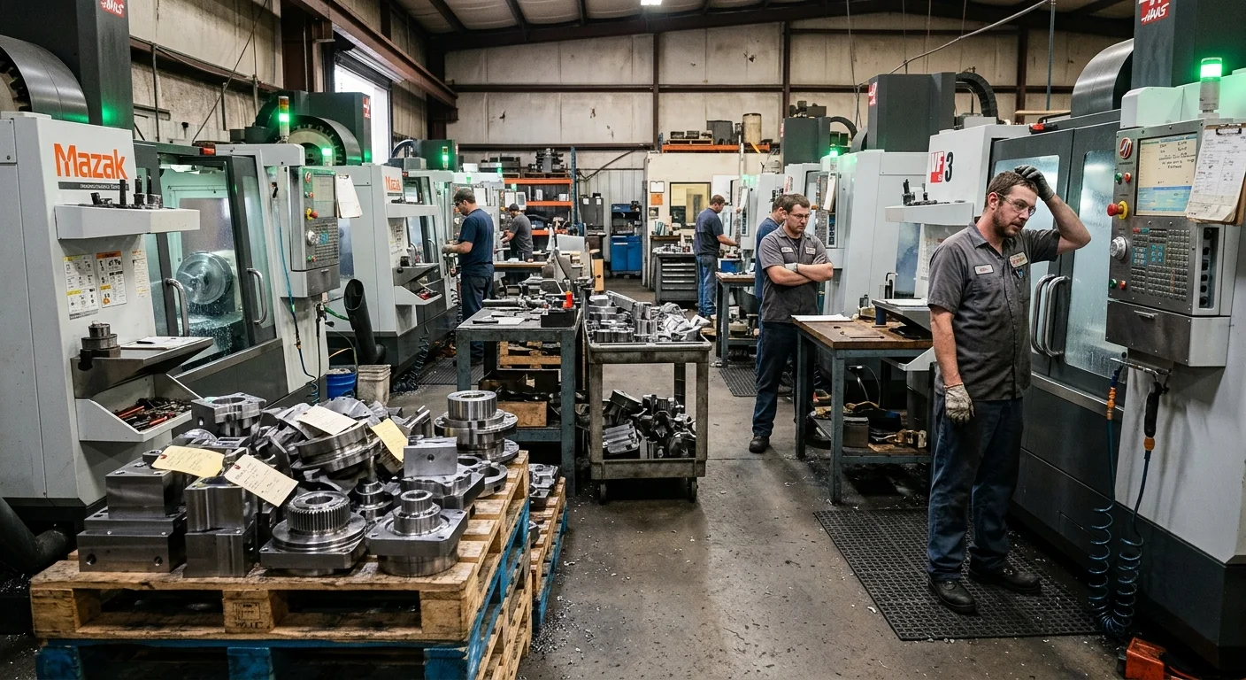CNC shop floor with multiple machines running and green lights on, but large piles of semi-finished parts, waiting jobs, and operators confused or idle, showing busy machines but broken workflow.