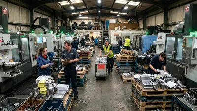 Busy CNC job shop with running machines, stacked semi-finished parts, operators managing changing priorities, and visible workflow congestion across the production floor.