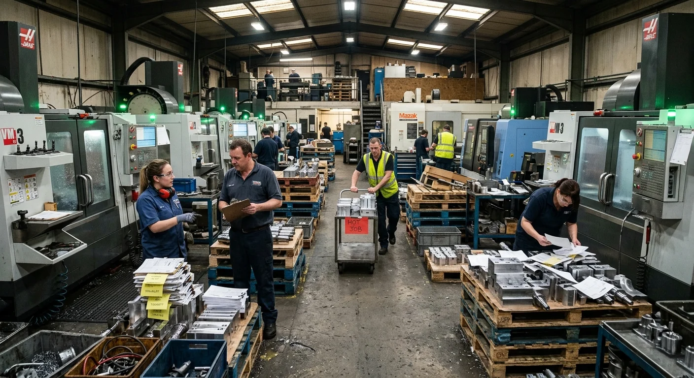 Busy CNC job shop with running machines, stacked semi-finished parts, operators managing changing priorities, and visible workflow congestion across the production floor.