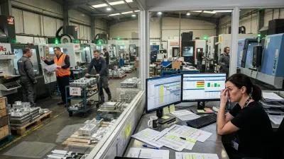 Production planner viewing ERP schedules while a congested CNC shop floor behind shows changing priorities, waiting jobs, and operational chaos.