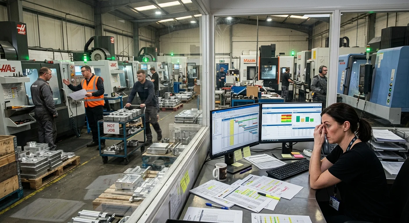 Production planner viewing ERP schedules while a congested CNC shop floor behind shows changing priorities, waiting jobs, and operational chaos.