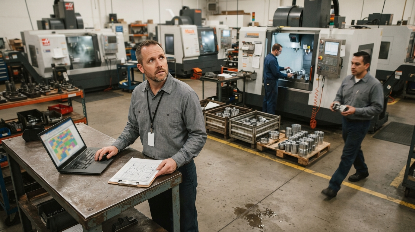 Production planner checking a machine-by-machine production plan in Excel beside CNC machines on a job shop floor