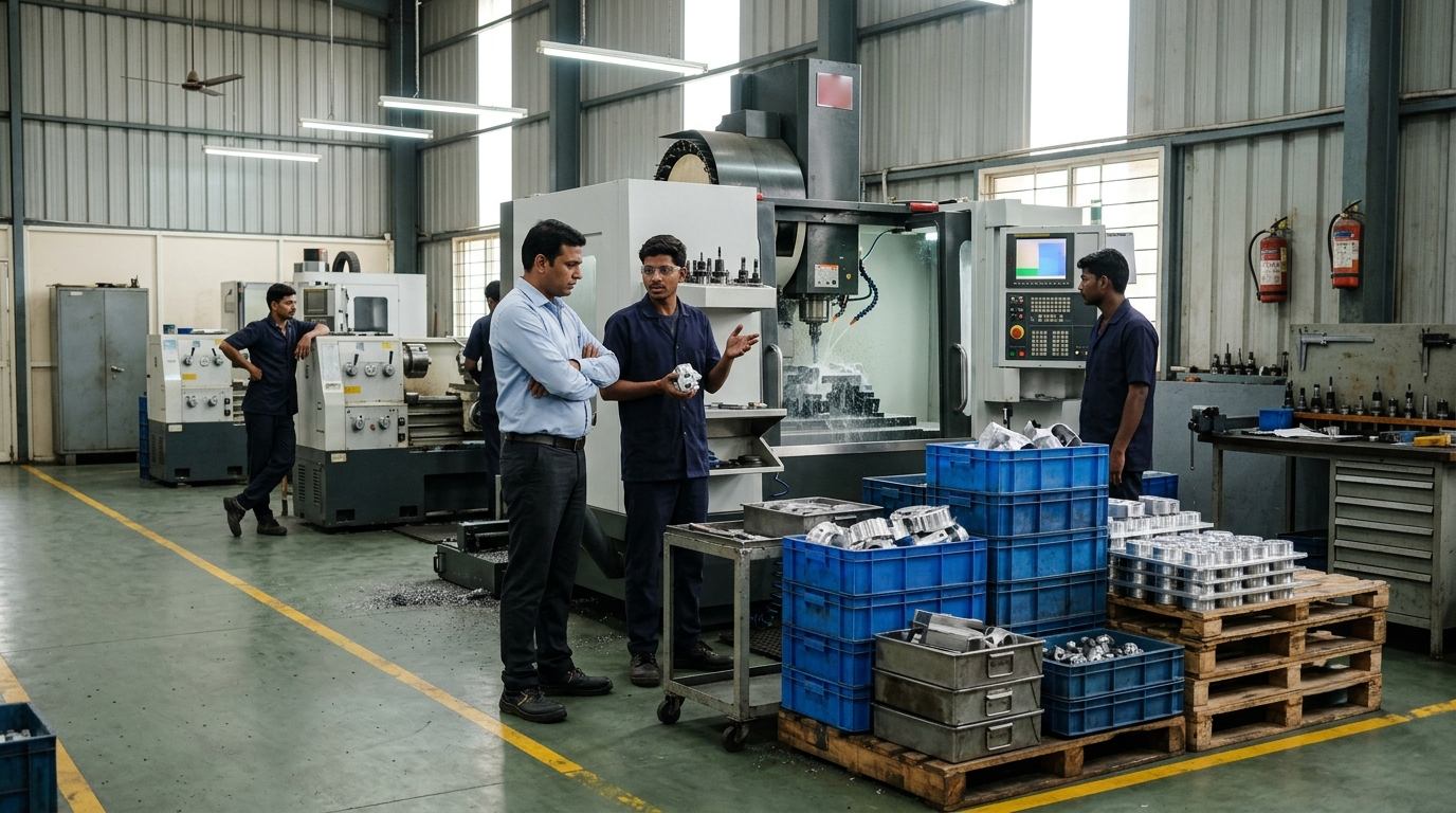 Parts waiting in a queue in front of one CNC machining center while other machines on the job shop floor run below capacity