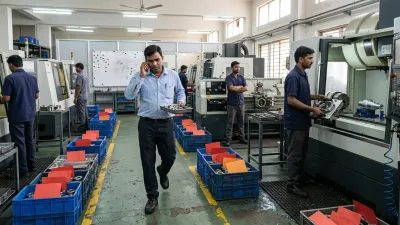 Supervisor carrying an urgent job past machines while many crates of parts wait on a busy CNC job shop floor