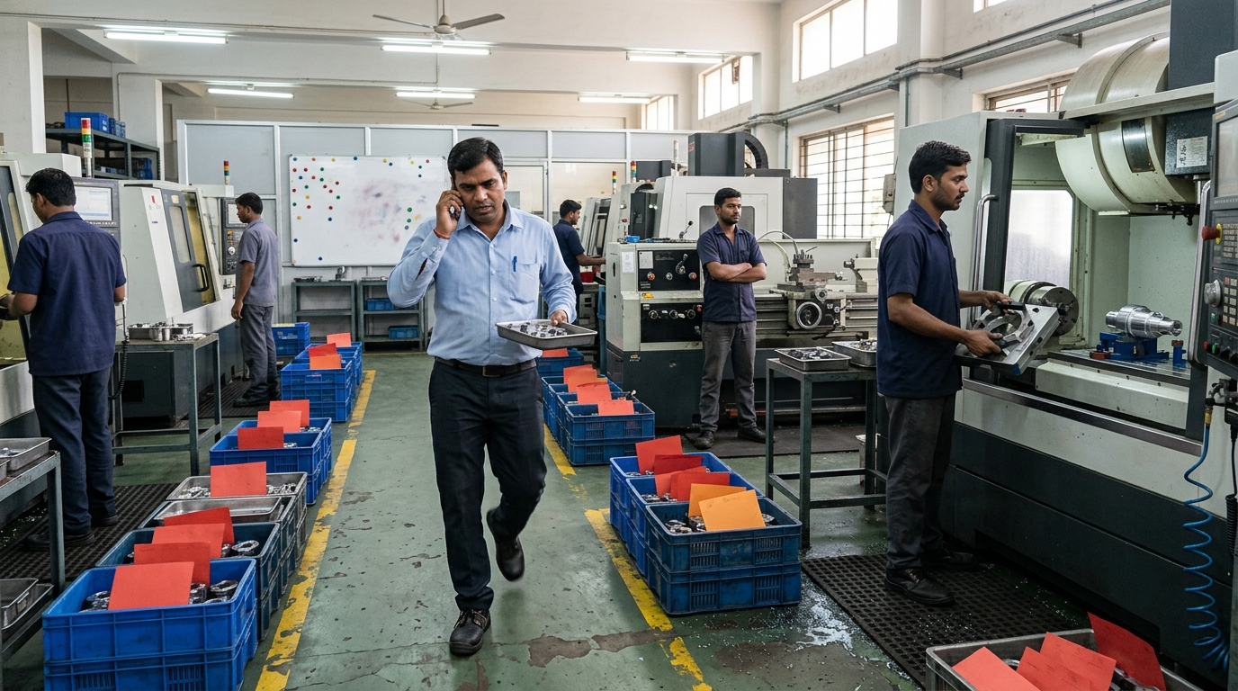 Supervisor carrying an urgent job past machines while many crates of parts wait on a busy CNC job shop floor