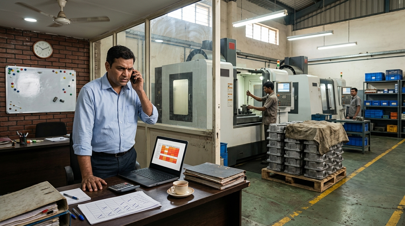 CNC job shop owner on the phone looking at a changed customer schedule on a laptop, with machines and a parked half-finished job on the shop floor behind