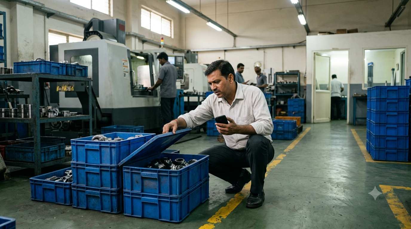 CNC job shop owner searching through crates of parts waiting between machines to find one customer's order